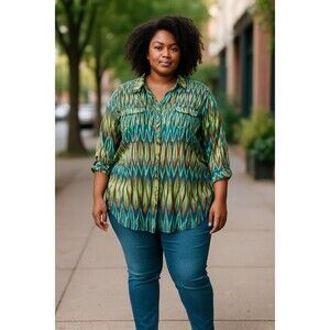 Sunny Leigh Woman Green Peacock Collared Button Down Shirt Blouse Size 2X